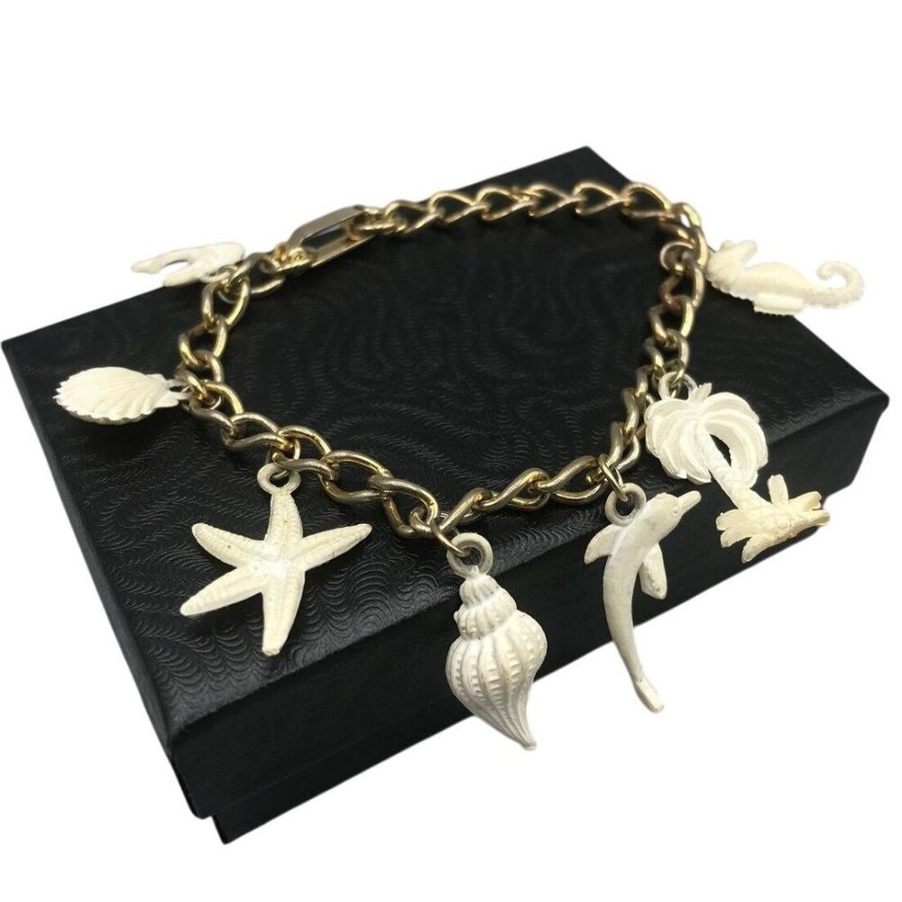 Vintage Cracker Jack Prize Gold-Tone Chain Bracelet White Plastic Nautical Charm